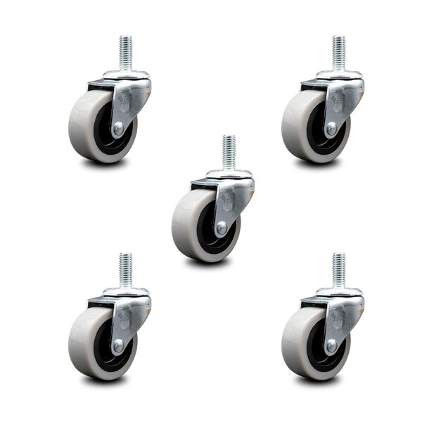 2 Inch Polyurethane Wheel 3/8 Inch Threaded Stem Caster, 5PK